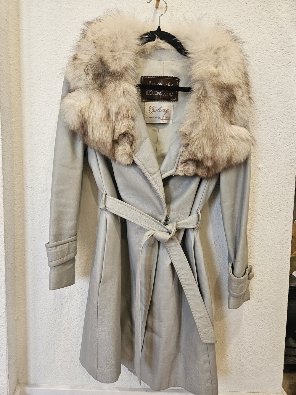 VTG Dan Di Modes 1970s Dove Gray Leather Penny Lane Fur Trench Coat Belted